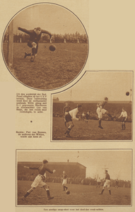 871136 Collage van 3 foto's betreffende de voetbalwedstrijd tussen twee 'proefelftallen' van de Nederlandsche ...